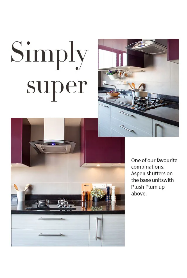 Simply Super Kitchen Design - Aspen Shutters on the base with Plush plum up above - IFB Modular Kitchen
