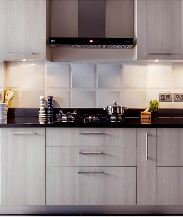 Quiet Grace | Finished Project with Acacia shutters and Jet black countertop - IFB Modular Kitchen